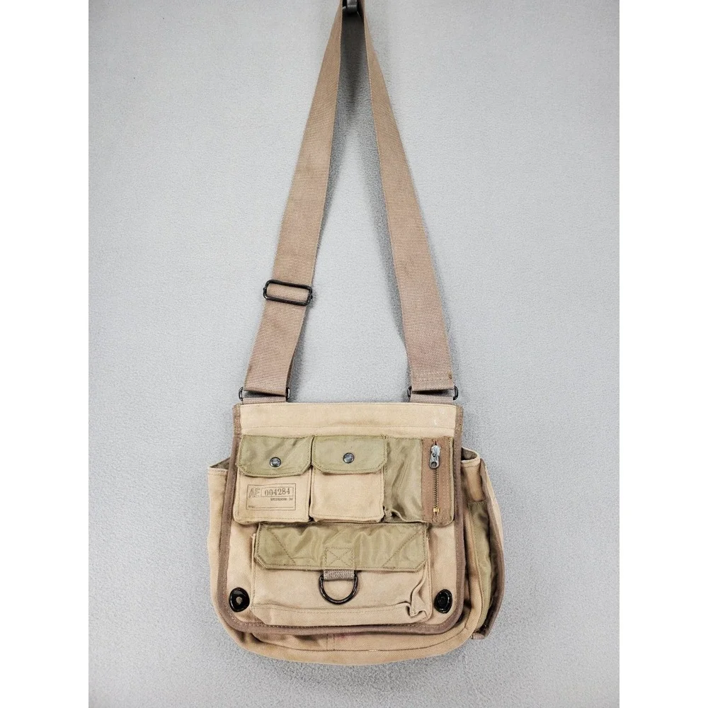 American Eagle Messenger Bag Khaki Canvas Military Utility Multi Pocket VTG Army